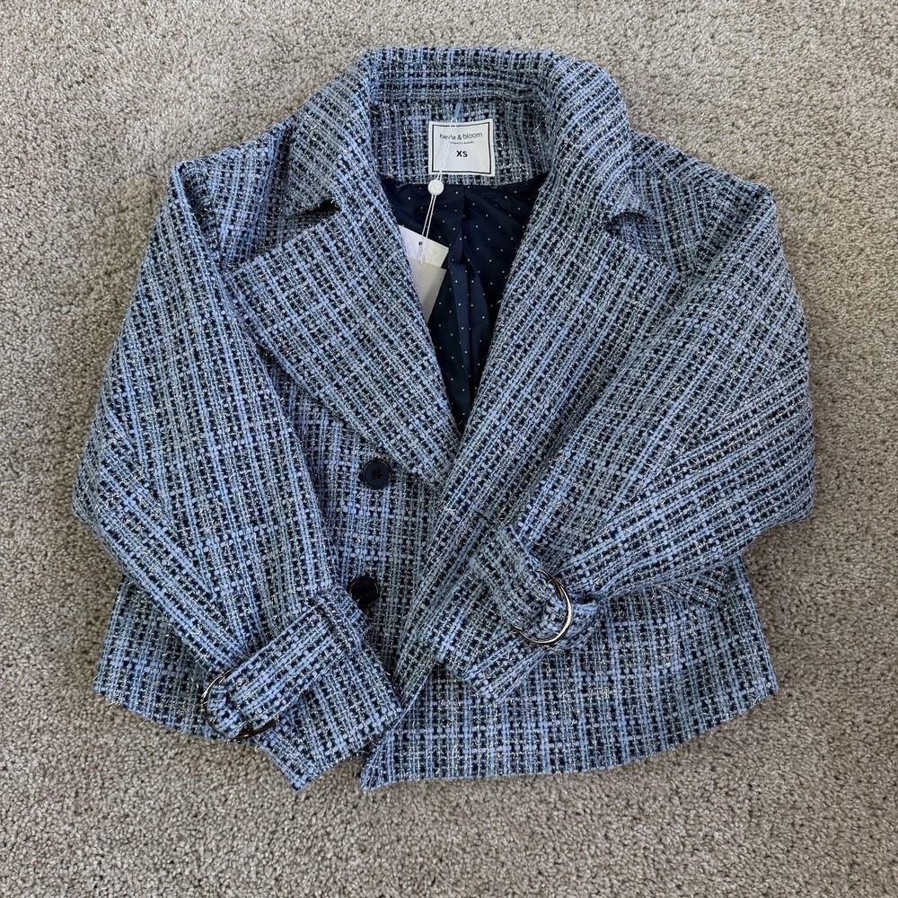 Belle & Bloom Blazer Jacket Womens XS Blue Tweed Double Breasted Short Lined